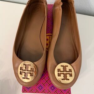 Tory Burch Brown Leather Flats with Gold Logo